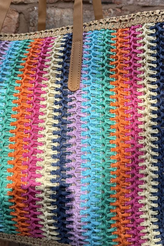 Kondi Rainbow Raffia Tote Bag Tan